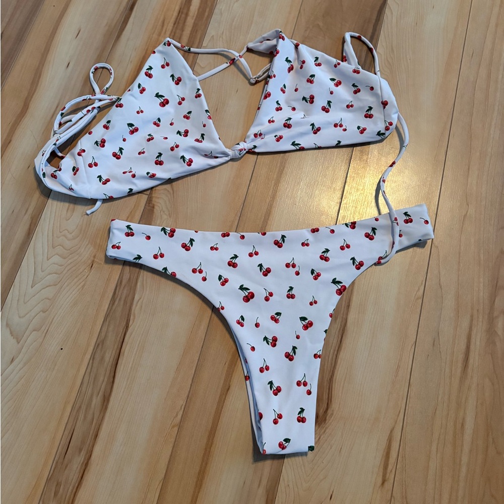 Skatie Cherry Print Bikini - White and Red